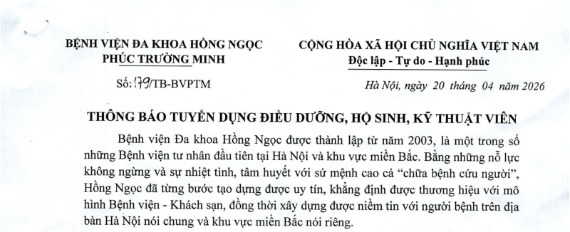 BVĐK Hồng Ngọc PTM - TB tuyển dụng